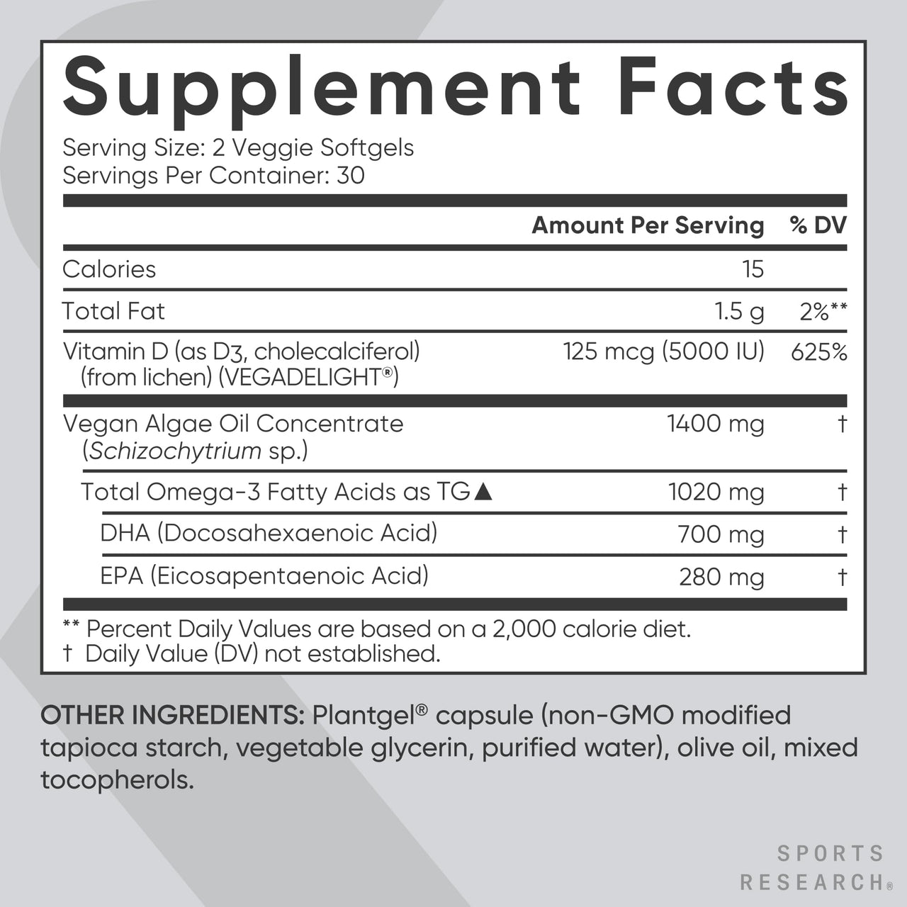 Sports Research Vegan Omega-3 with Vitamin D3 Softgels - 1020mg Omega-3 & 5000iu D3 Supplement - Fish Oil Alternative with Vitamin D Plant-Based Support from Algae Oil - 60 Veggie Softgels for Adults