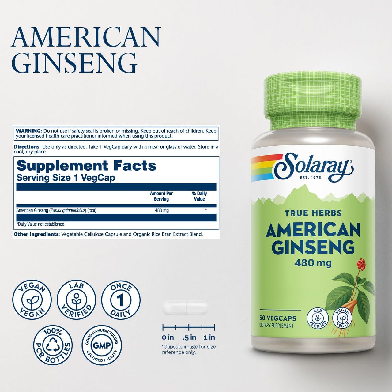 SOLARAY American Ginseng 480 mg | Adaptogenic Herb | Healthy Stress, Energy & Physical Endurance Support | 50 VegCaps