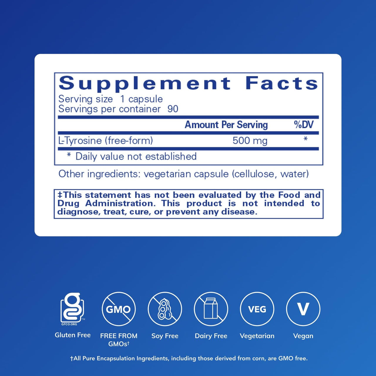 Pure Encapsulations L-Tyrosine - Amino Acid Supplement - for Brain Support, Dopamine & Thyroid Function* - Vegan & Non-GMO - 90 Capsules