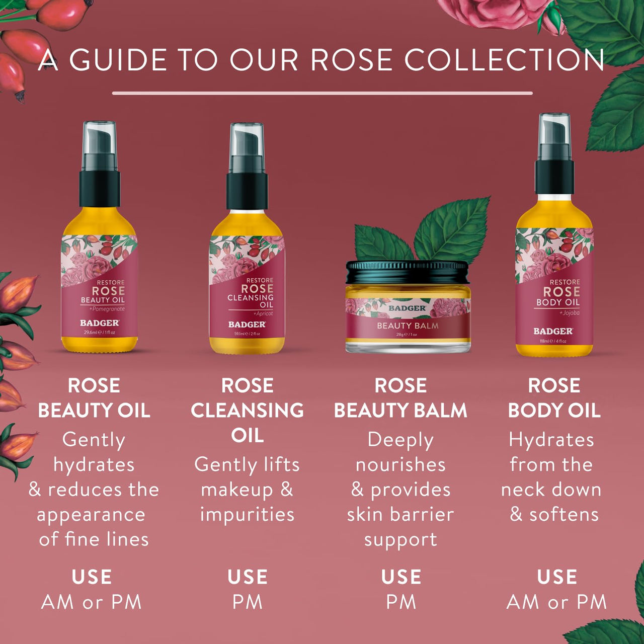 Badger Rose Beauty Balm, 100% Organic Nourishing Treatment For Face, Neck & Hands w/Pure Rose Essential Oil, Intensive Long Lasting Face Moisturizer for Women & Men, 1 oz Glass Jar
