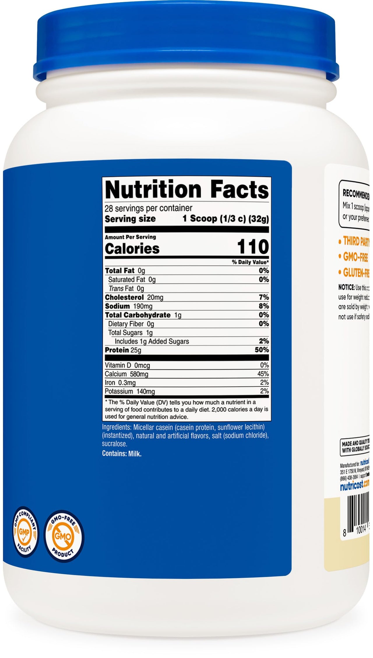 Nutricost Casein Protein Powder 2lb Vanilla - Micellar Casein, Gluten Free, Non-GMO