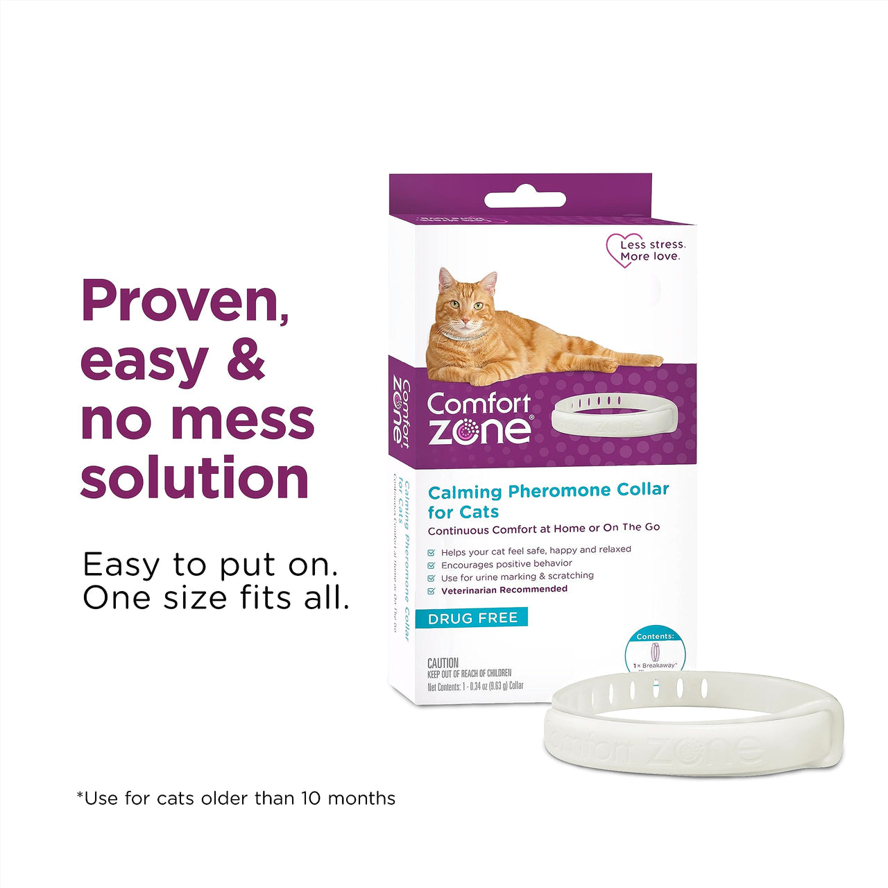 Comfort Zone Cat Calming Collar: 1 30-Day Calming Collar; Cat Pheromones Help Anxiety, Reduce Stress, Urine Marking, Scratching; Indoor or Outdoor Cats; Long-Lasting