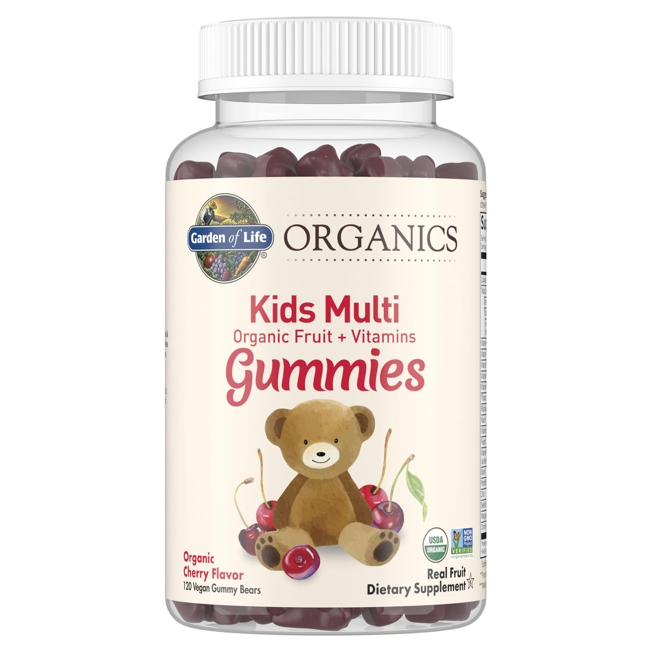 Garden of Life Organics Kids Gummy Vitamins, Certified Organic, Non-GMO & Vegan Complete Children's - B12, C & D3 Gluten, Soy & Dairy Free Real Fruit Chew Gummies, Multi, Cherry, 120 Count