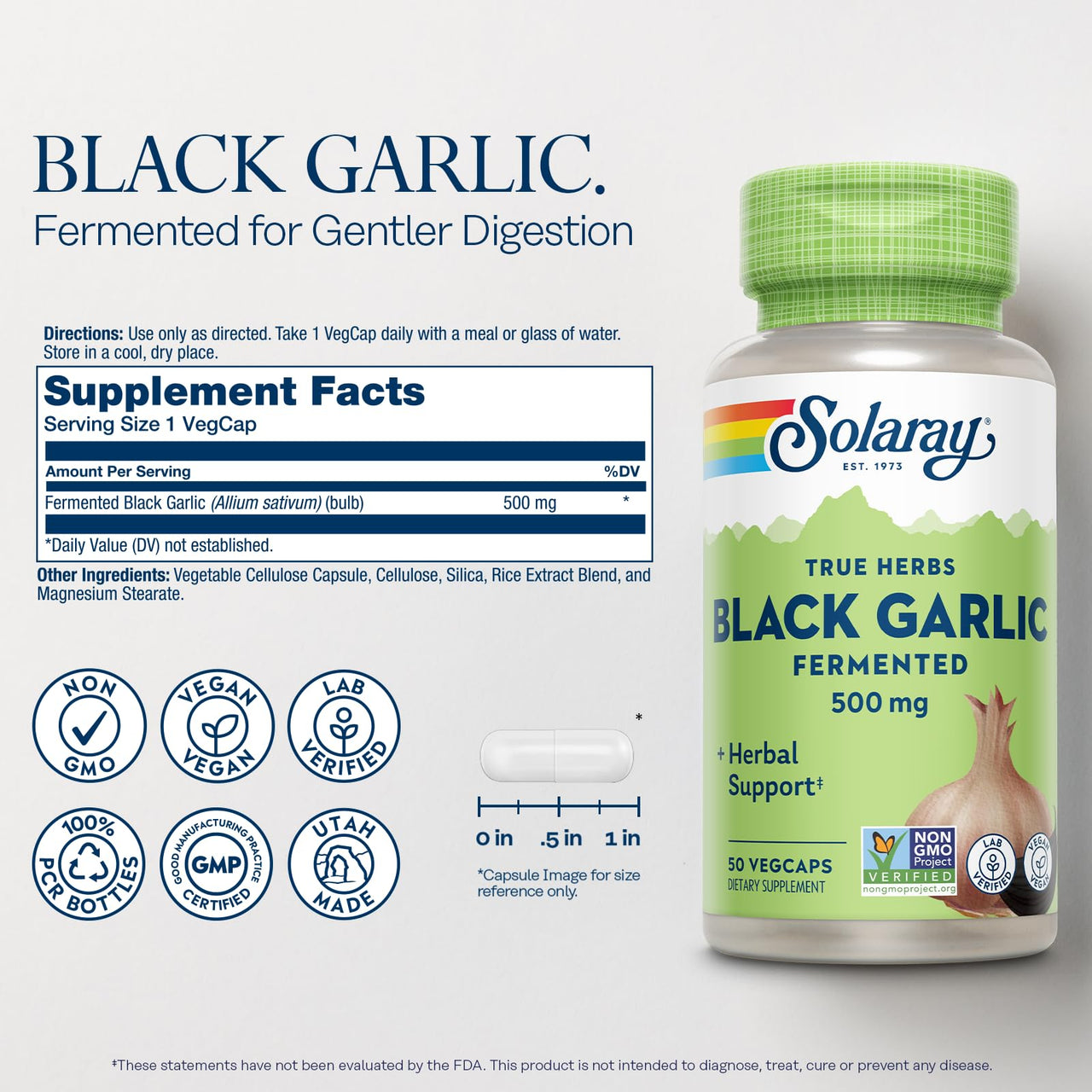 SOLARAY Black Garlic 500 mg - Fermented for Easier Digestion and Mellow Aftertaste - Antioxidant Garlic Supplements - Non-GMO, Vegan, Lab Verified - 60-Day Guarantee - 50 Servings, 50 VegCaps