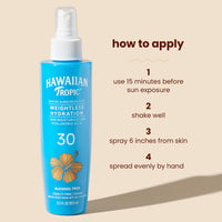 Thumbnail for Hawaiian Tropic Weightless Hydration Water Mist for Body SPF 30, 5.2oz | Hawaiian Tropic Body Spray Sunscreen Mist, Water Based SPF 30, Non-Aerosol Sunscreen Spray, 5.2oz