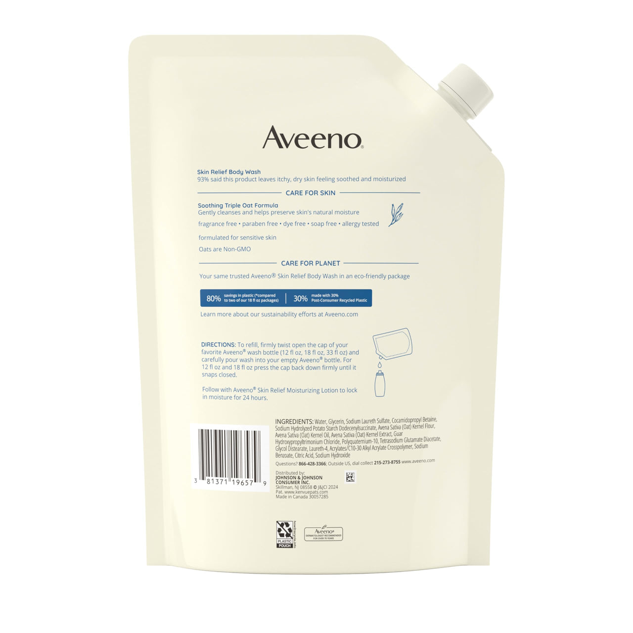 Aveeno Skin Relief Body Wash Fragrance-Free + Triple Oat Formula, Gentle Daily Cleanser for Sensitive Skin Leaves Itchy, Dry Skin Feeling Soothed & Moisturized, Body Wash Refill, 36 fl. oz
