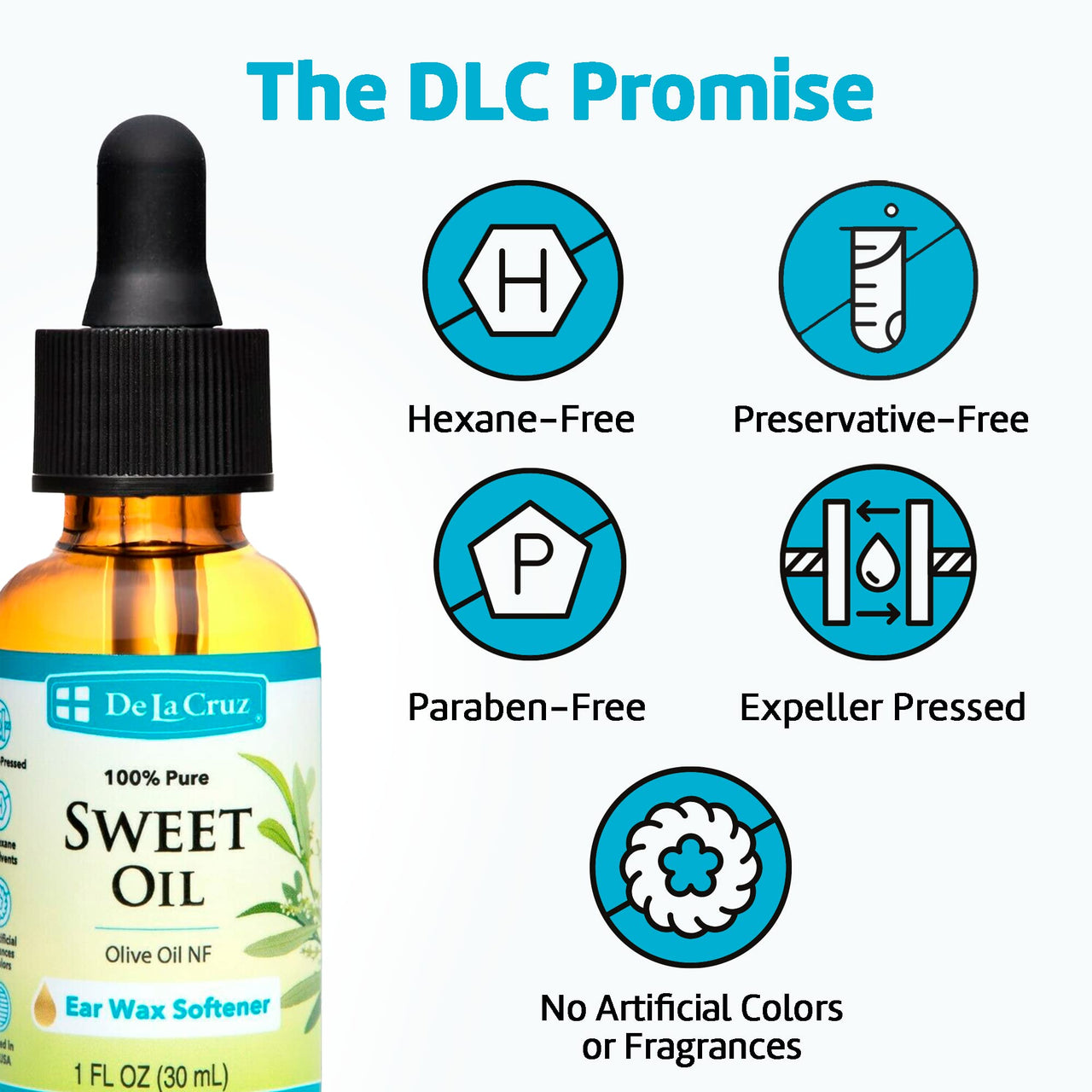 De La Cruz 100% Pure Sweet Oil for Ears - All Natural Ear Wax Removal - 1 Fl Oz Dropper and 4 Fl Oz Refill Bundle