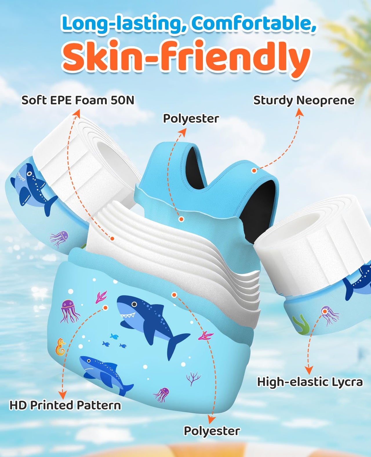 HeySplash Swim Vest for Kids, Toddler Pool Floaties Fit 33-66 Lbs, Children Swimming Vest with Adjustable Strap, Swim Jacket Water Wing Arm Float, Puddle Beach Boat Jumper Boy Girl,Blue Shark