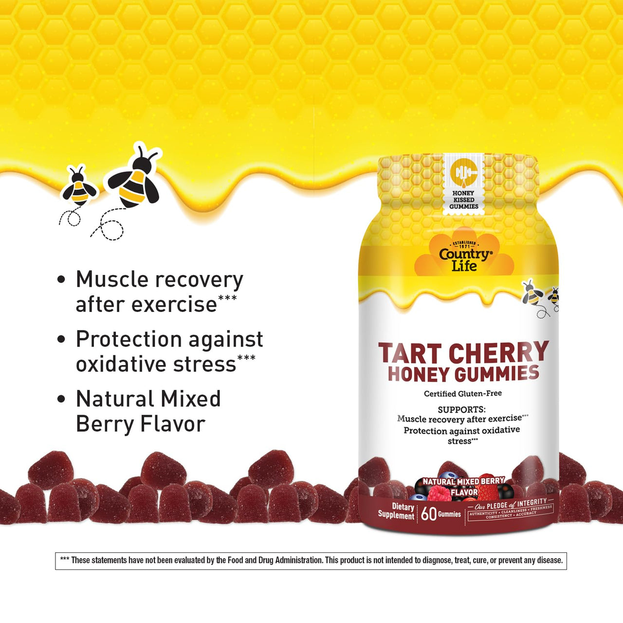 Country Life® Tart Cherry Honey Gummies - Non-GMO - Certified Gluten Free - Certified Vegetarian by AVA –to Support Muscle Recovery After Exercise***