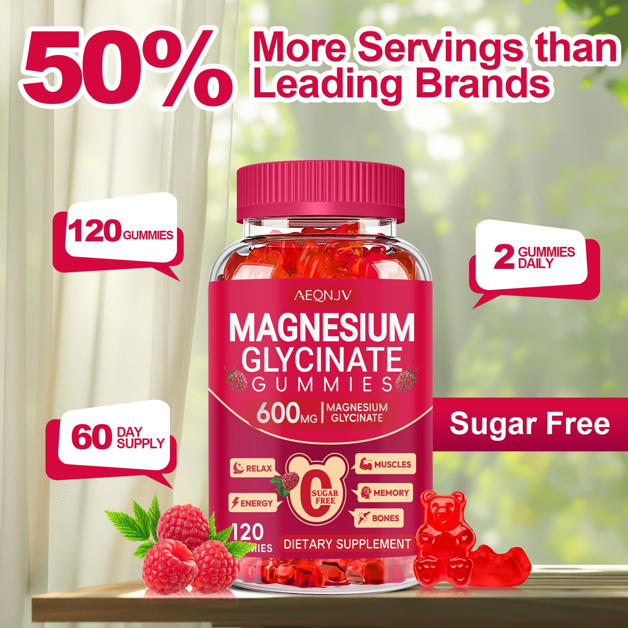 Magnesium Glycinate Gummies 600mg, Sugar Free Magnesium Gummies for Adults, Chewable Potassium Supplements for Body Support, Zzz and Relaxation, 120 Count