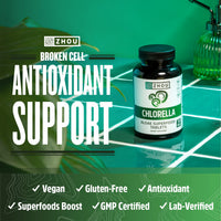 Thumbnail for Zhou Chlorella Tablets - Chlorella Supplement, Chlorophyll Vitamins, Pure Green Algae Superfood, Nutrient Rich Super Food Pills, Broken Cell Wall - 120 Vegan Tablets
