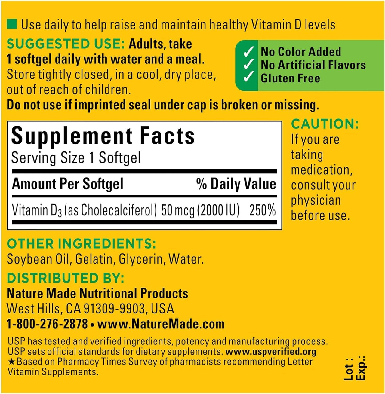 Nature Made Vitamin D3, 90 Softgels, Vitamin D 2000 IU (50 mcg) Helps Support Immune Health, Strong Bones and Teeth, & Muscle Function, 250% of The Daily Value for Vitamin D in One Daily Softgel