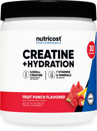 Thumbnail for Nutricost Creatine Monohydrate + Hydration Fruit Punch Flavored (30 Servings) - 7 Vitamins & Minerals, 5000mg of Creatine Per Serving