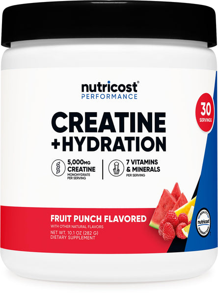 Nutricost Creatine Monohydrate + Hydration Fruit Punch Flavored (30 Servings) - 7 Vitamins & Minerals, 5000mg of Creatine Per Serving
