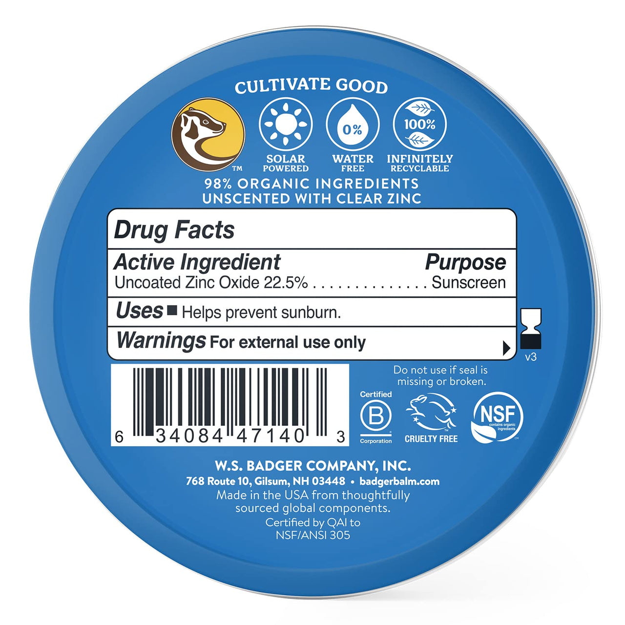 Badger Reef Safe Sunscreen Tin, Unscented SPF 40 Sport Mineral Sunscreen, 98% Organic, 80min Water Resistant Travel Size Hawaii Approved, 2.4 oz Tin