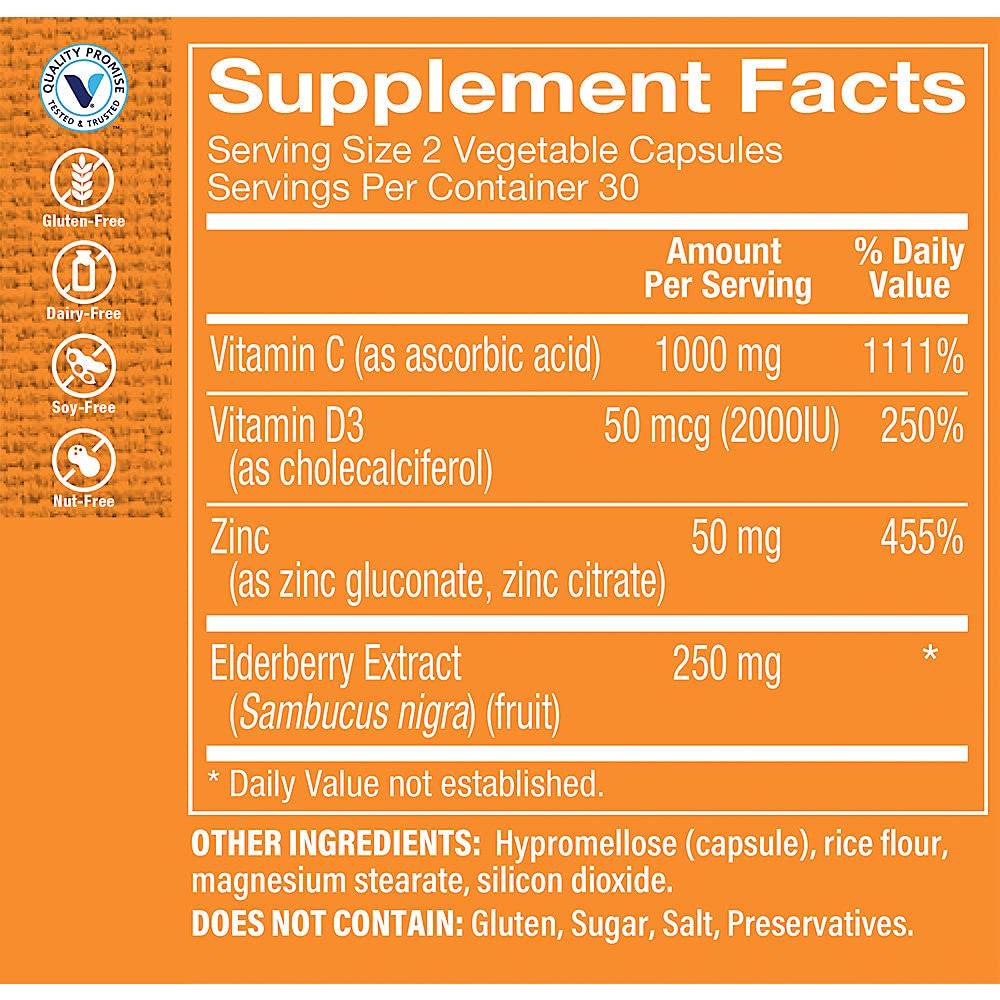 The Vitamin Shoppe Immune Essentials - Vitamin C, Vitamin D3, Zinc & Sambucus Elderberry Extract (60 Capsules)