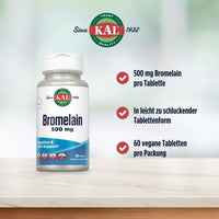 Thumbnail for KAL Bromelain 500 mg, Digestion and Joint Support Supplement, Digestive Enzymes, Pineapple Extract, Rapid Disintegration, Vegan, Made Without Dairy or Soy, Lab Verified, 60 Servings, 60 Tablets