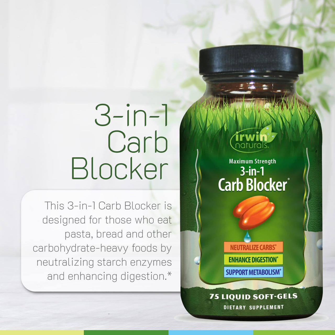 Irwin Naturals Maximum Strength 3-in-1 Carb Blocker - Neutralize Carbohydrates - 75 Liquid Softgels