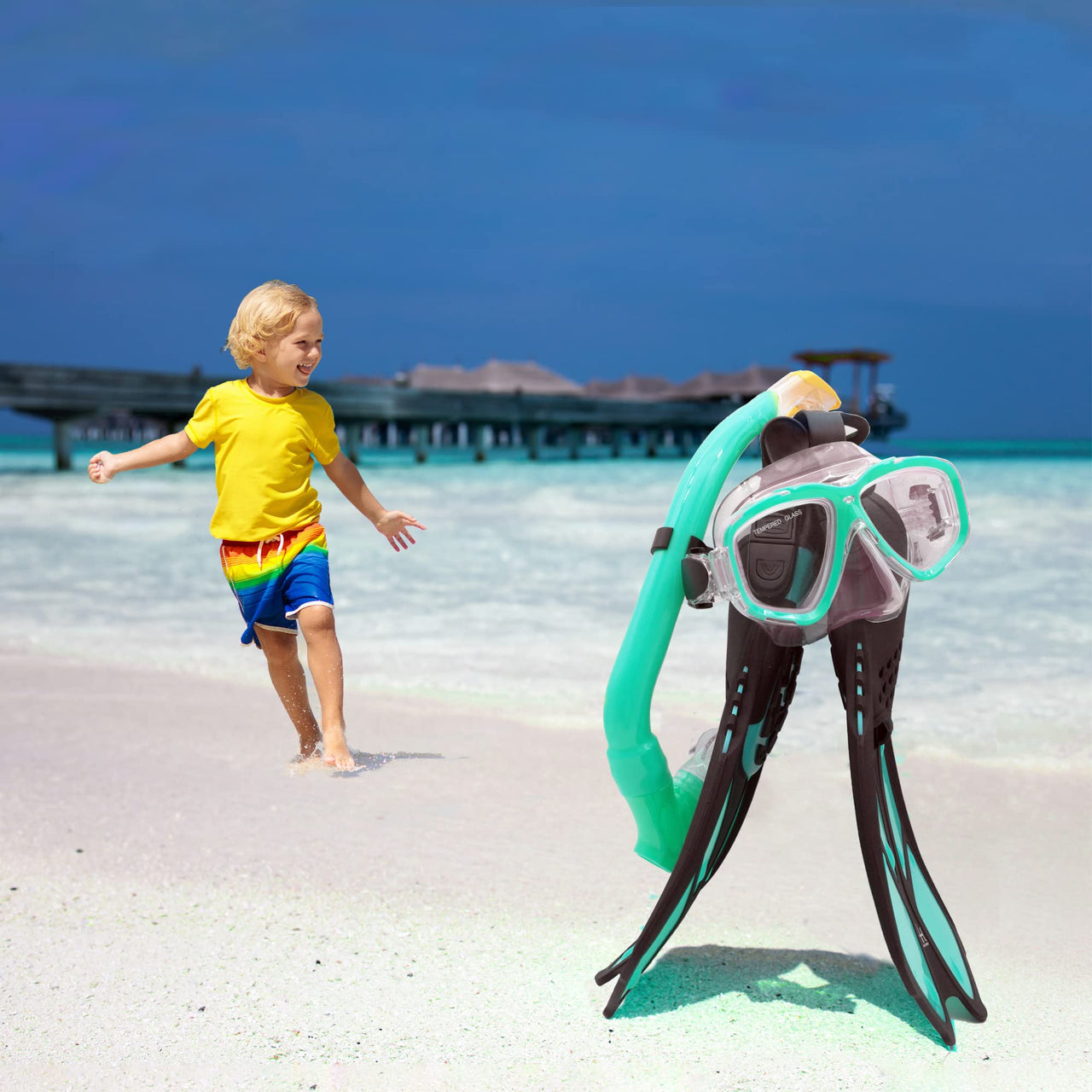 Kids Snorkeling Set with Fins Anti Leak Snorkeling Gear for Kids with Adjustable Flippers, Youth Junior Full Dry Snorkel Set Swimming Goggles with Nose Cover Diving Mask Scuba with Bag, 5-14 Yrs