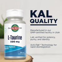 Thumbnail for KAL L Taurine 500mg, Amino Acids Supplement, Nervous System Health, Heart Health and Detox Support, Pre Workout Supplement, Rapid Disintegration ActivTabs, 60-Day Guarantee, 60 Servings, 60 Tablets