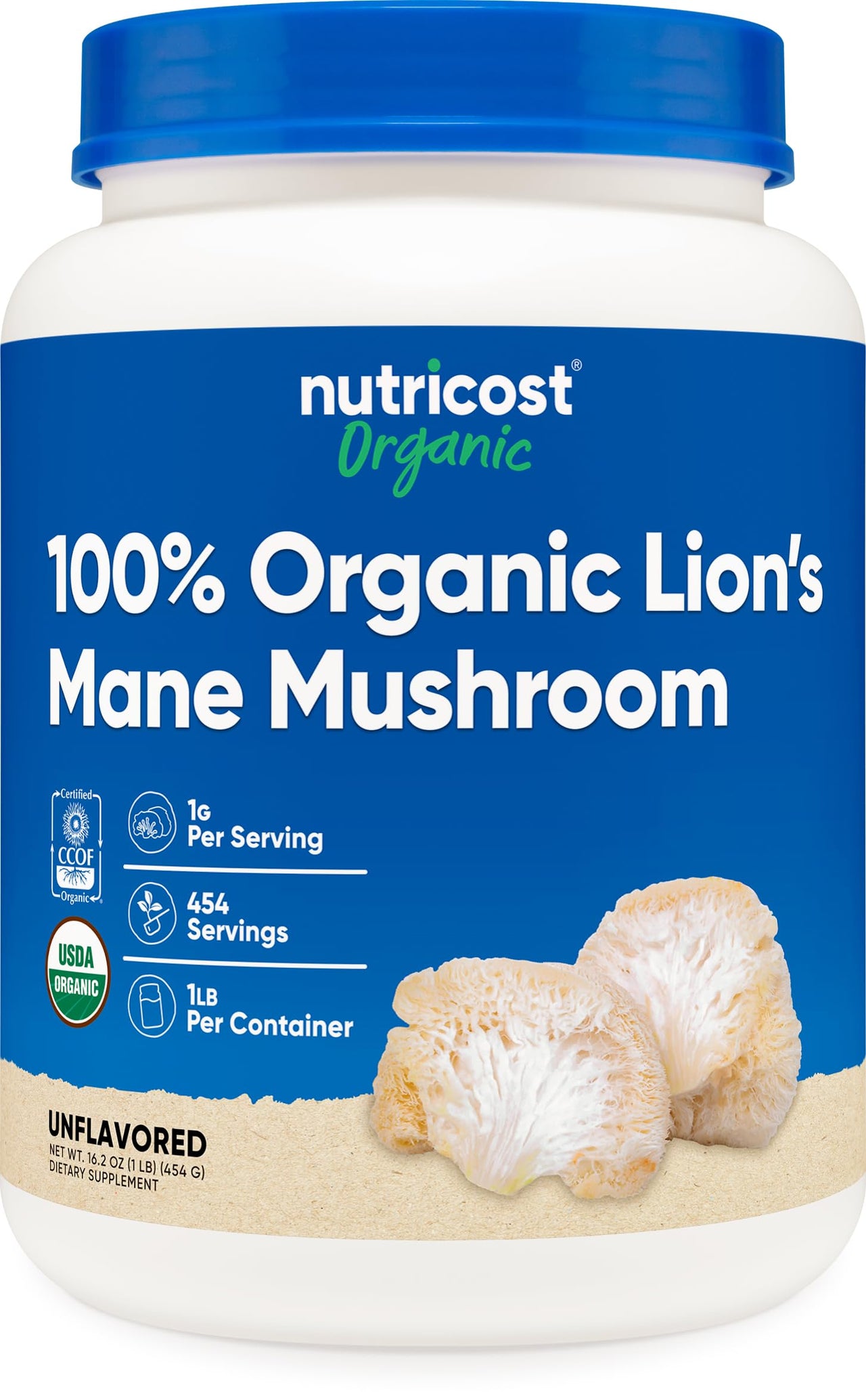Nutricost Organic Lion's Mane Mushroom Powder 1LB - Certified USDA Organic