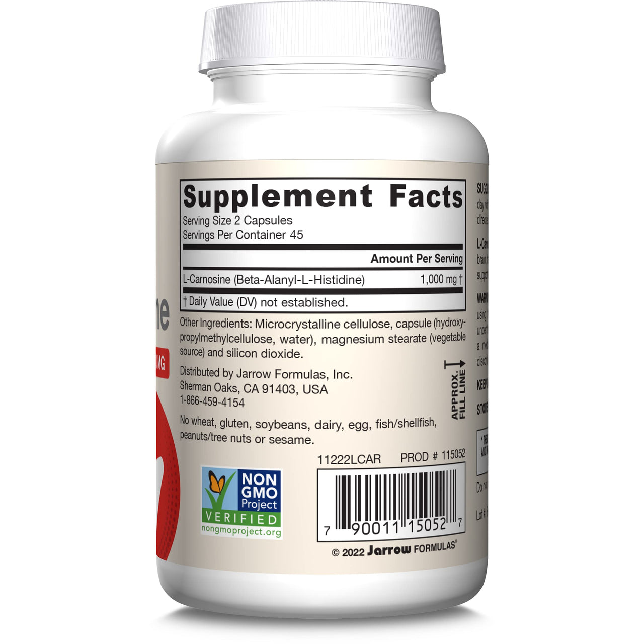 Jarrow Formulas® L-Carnosine Dipeptide Antioxidant 1000 mg, Dietary Supplement, Antioxidant Support for Mitochondrial Health, 90 Veggie Capsules, Up to 45 Day Supply