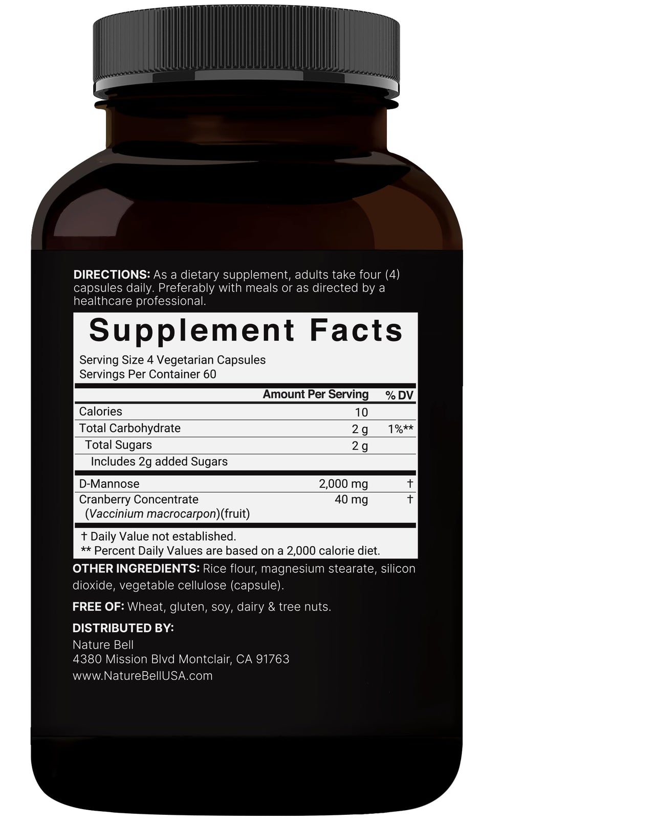NatureBell D-Mannose 500mg Capsules (2,000mg Per Serving) | 240 Veggie Capsules + Cranberry Concentrate 40mg – Fast Acting Urinary Tract Health Pills – Ultra UTI Support for Women & Men