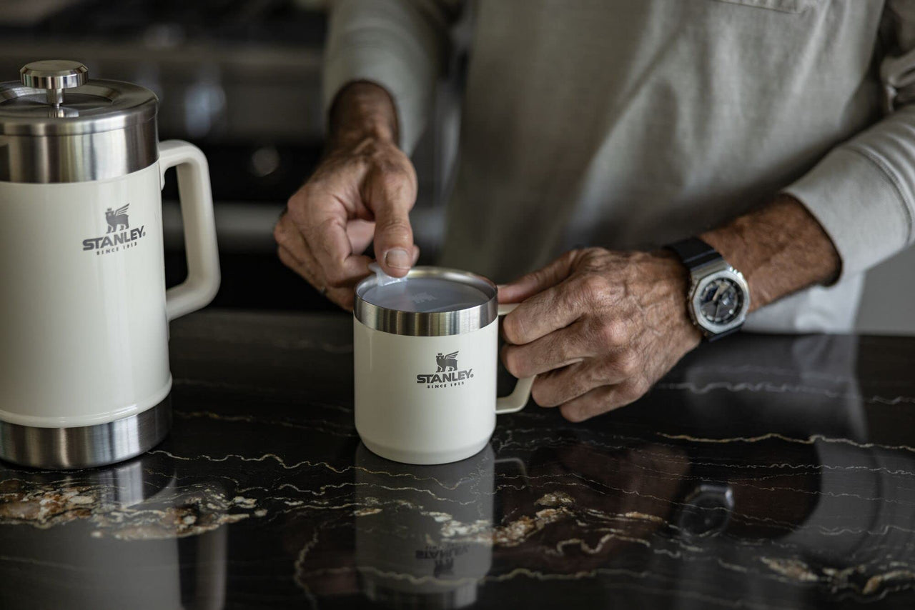 STANLEY Stay-Hot Camp Mug 12 oz | Press Fit Drink Through Lid | Cup for Coffee, Tea and Drinks | Insulated Stainless Steel Coffee Mug | BPA-Free | Cream Gloss