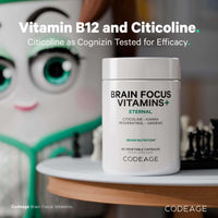 Thumbnail for Codeage Brain Focus Vitamins+ Nootropic Supplement with Citicoline as Cognizin, Panax Ginseng, Resveratrol, Gotu Kola, Vitamin B12 Methylcobalamin - Liposomal Delivery - Non-GMO - 60 Capsules