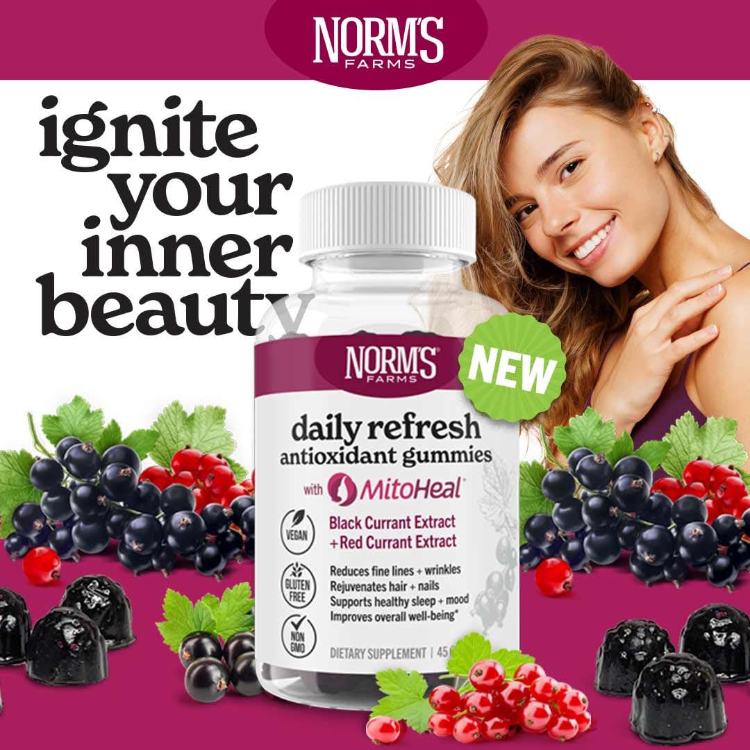 Norm's Farms Elderberry Antioxidant Gummies - Daily Refresh w/MitoHeal, 500mg Red & Black Currant Extract - Sleep, Mood, Skin, Hair & Nail Support - USA Made, Vegan, Non-GMO, Gluten-Free - 45 Gummies