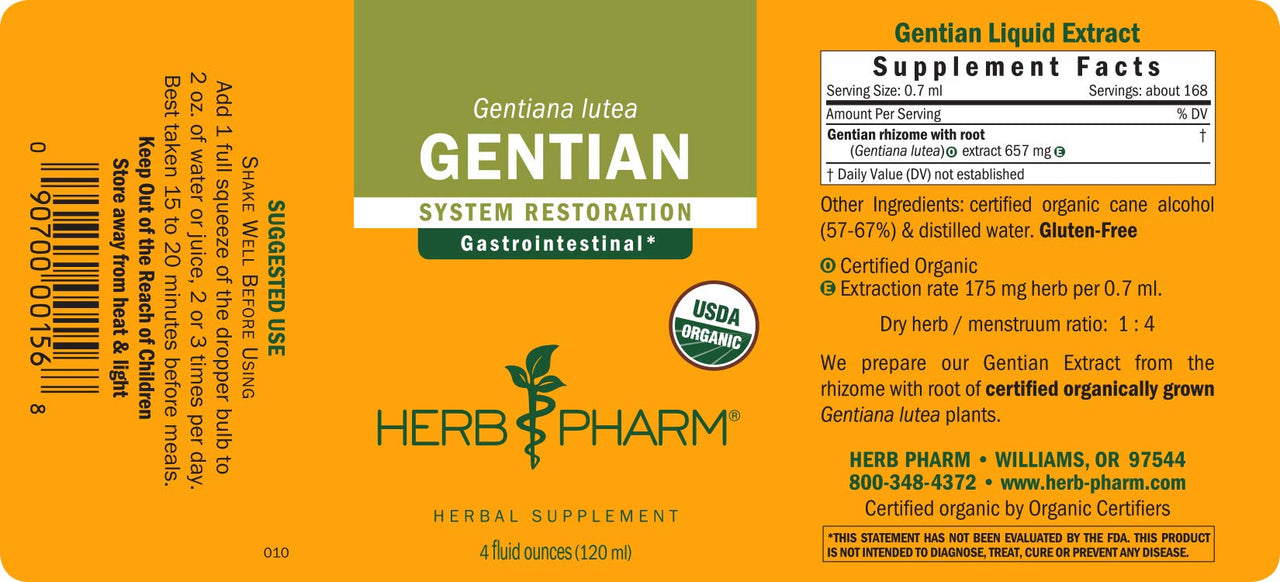 Herb Pharm Certified Organic Gentian Liquid Extract for Digestive Support - 4 Ounce