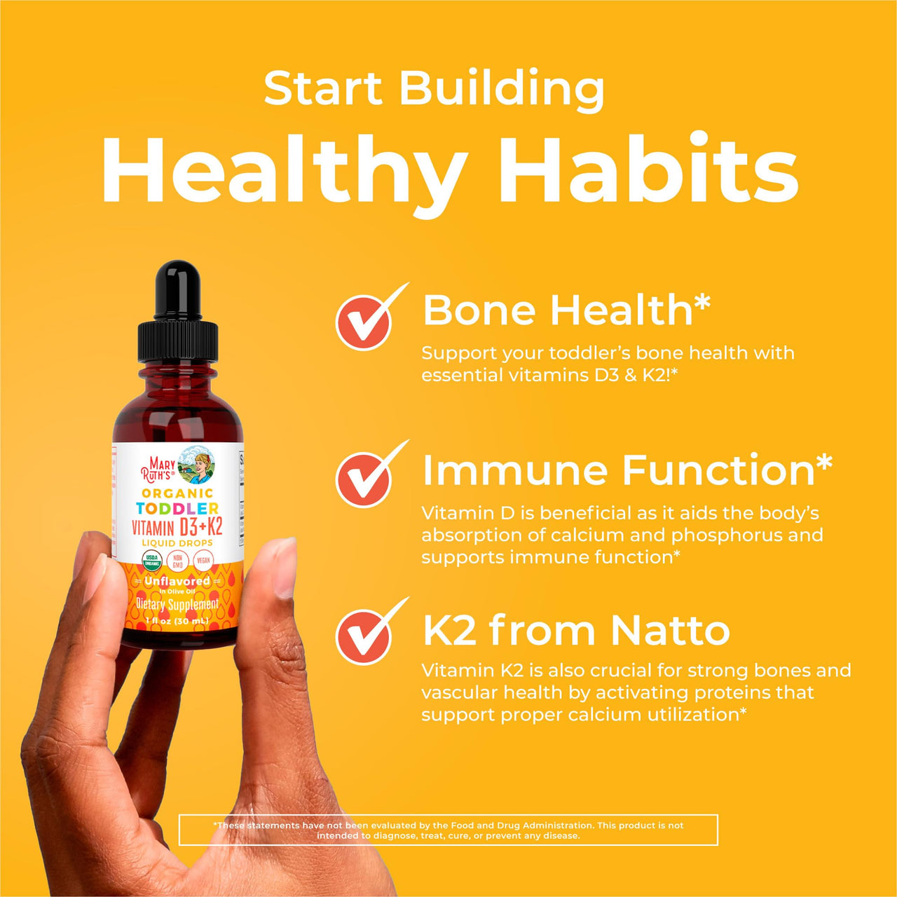 MaryRuth Organics Vitamin D3 | Vitamin K2 | Vitamin D3 K2 Drops | K2 D3 Vitamin Liquid Supplement for Toddlers | Kids Supplement for Calcium Absorption Strong Bones | Vegan | Gluten Free | 1 Fl Oz