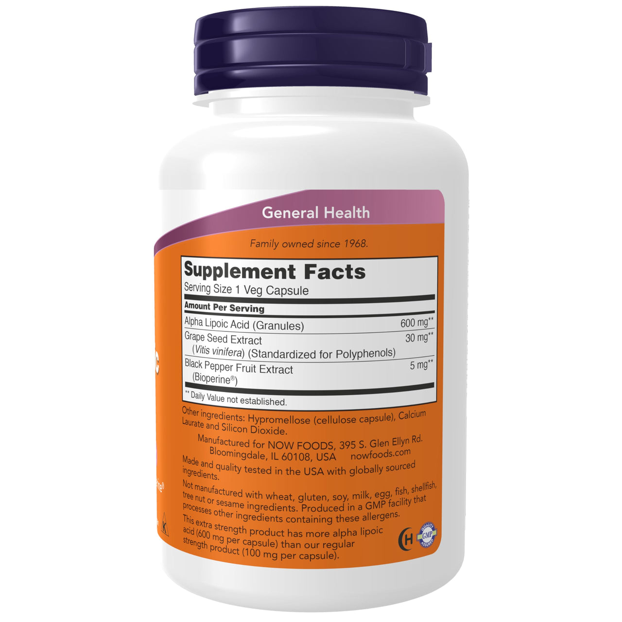 NOW Foods Supplements, Alpha Lipoic Acid 600 mg with Grape Seed Extract & Bioperine®, Extra Strength, 120 Veg Capsules