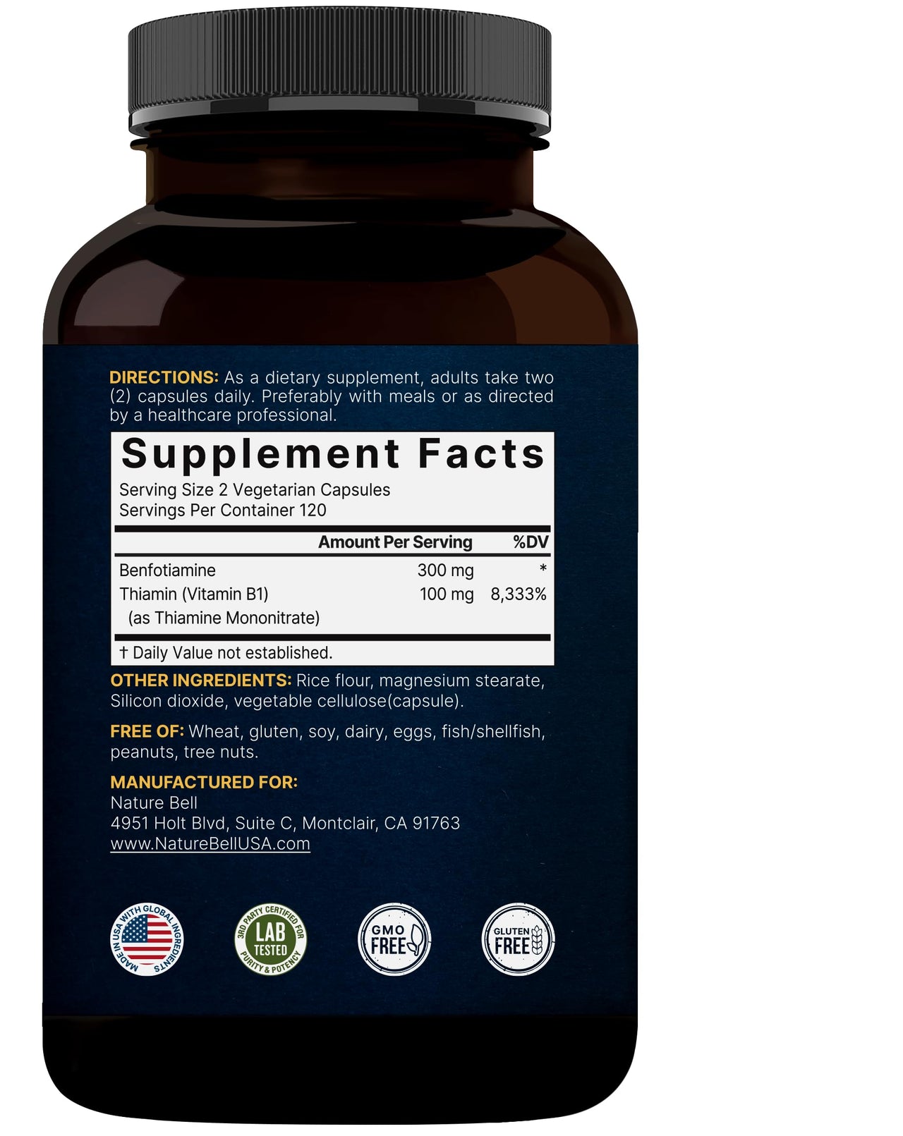 NatureBell Benfotiamine with Thiamine - 240 Vegetarian Capsules - 300mg Benfotiamine & 100mg Thiamine - for Heart Health, Energy Production & Nervous System Support* - Vitamin B1 Complex