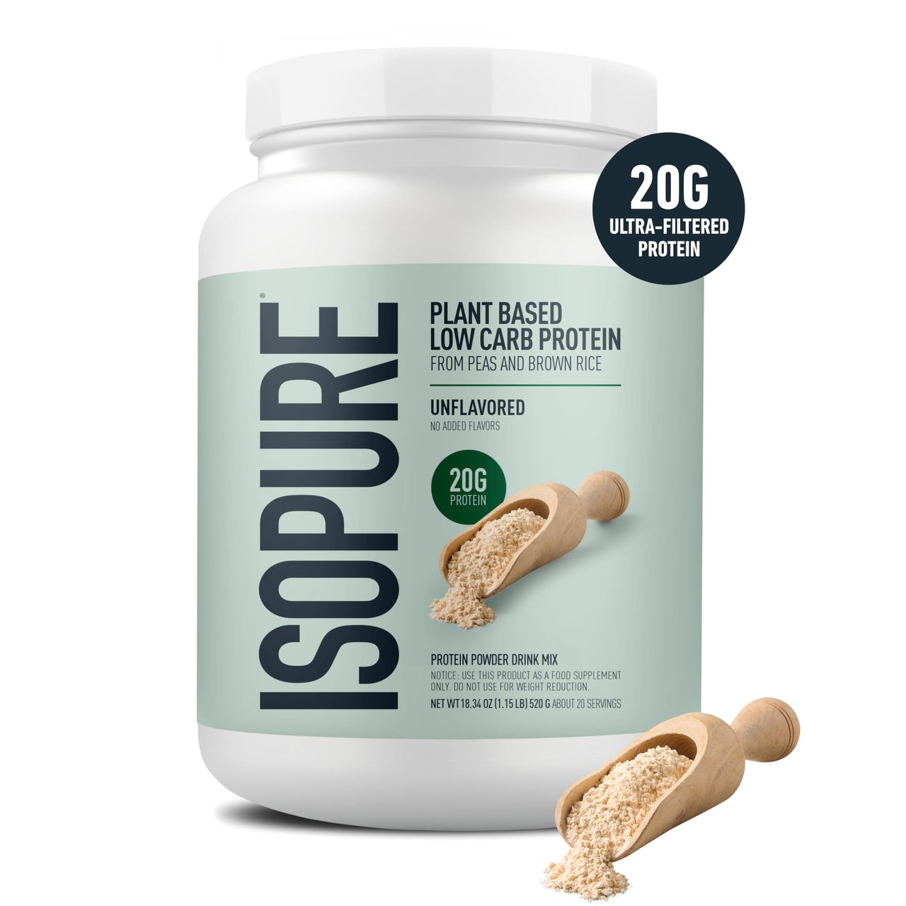 Isopure Plant-Based Protein Powder, Lactose Free, Gluten Free, With Iron, Unflavored, 20g Plant Protein Per Serving, 1.15 Lbs, 20 Servings