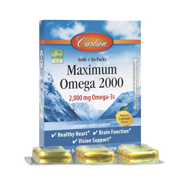 Carlson - Maximum Omega 2000 Grab + Go Packs, 2000 mg Omega-3s, Wild-Caught, Norwegian Fish Oil Supplement, Sustainably Sourced Fish Oil Capsules, Lemon, 30 Softgel Pack
