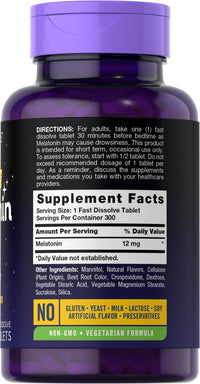 Thumbnail for Carlyle Melatonin 12 mg Fast Dissolve 300 Tablets | Drug Free | Natural Berry Flavor | Vegetarian, Non-GMO, Gluten Free