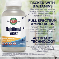Thumbnail for KAL Nutritional Yeast Supplement, Fortified w/ B12, Biotin, Folic Acid, Other B Vitamins, Naturally Occurring Amino Acids, Healthy Hair, Skin & Energy Support, Vegan, Gluten Free, 83 Serv, 500 Tablets