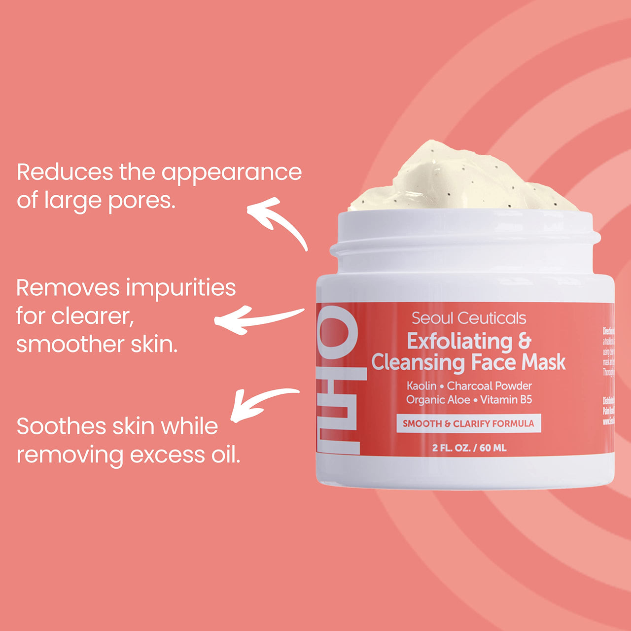 SeoulCeuticals Korean Face Scrub - Exfoliating Face Mask Skincare K Beauty Mask for Glass Skin - Kaolin Clay + Charcoal Cream Exfoliant Mask 2oz