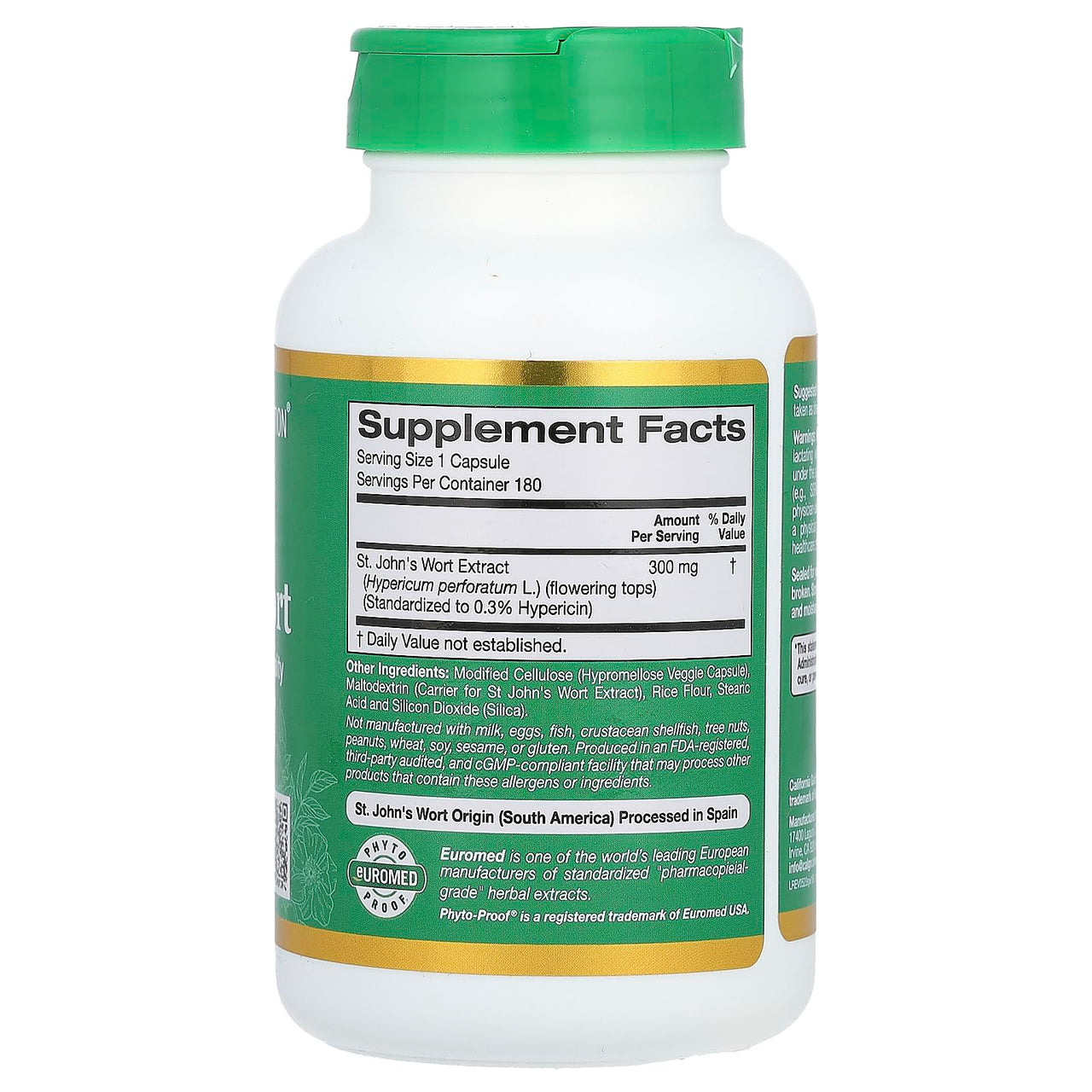 California Gold Nutrition St. John's Wort, EuroHerbs, European Quality, 300 mg, 180 Veggie Capsules