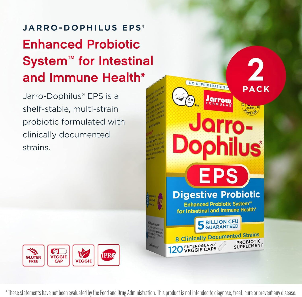 Jarrow Formulas Jarro-Dophilus EPS - 5 Billion Organisms Per Serving - 120 Enteric Coated Veggie Caps, Multi-Strain Probiotic - Intestinal & Immune Health, 120 Count (Pack of 2)