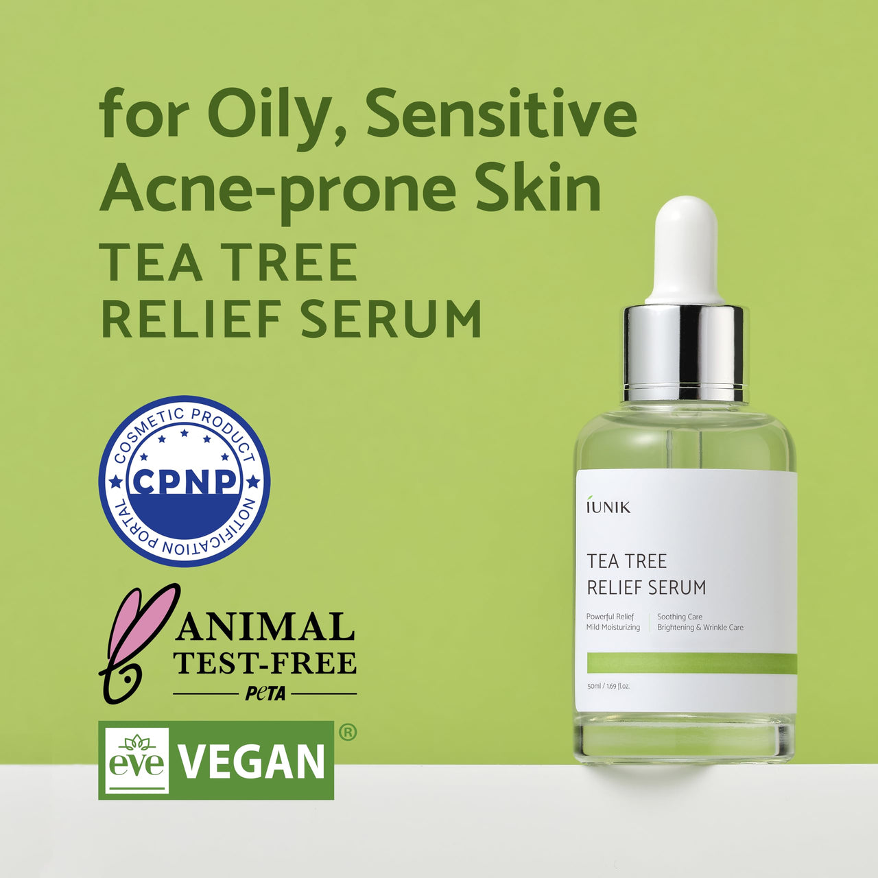 IUNIK Tea Tree Relief Vegan Serum for Acne-Prone Skin - Non-Sticky & Lightweight Facial Ampoule with Centella Asiatica for Soothing, Calming, and Balancing - Korean Skincare 1.7 Fl Oz