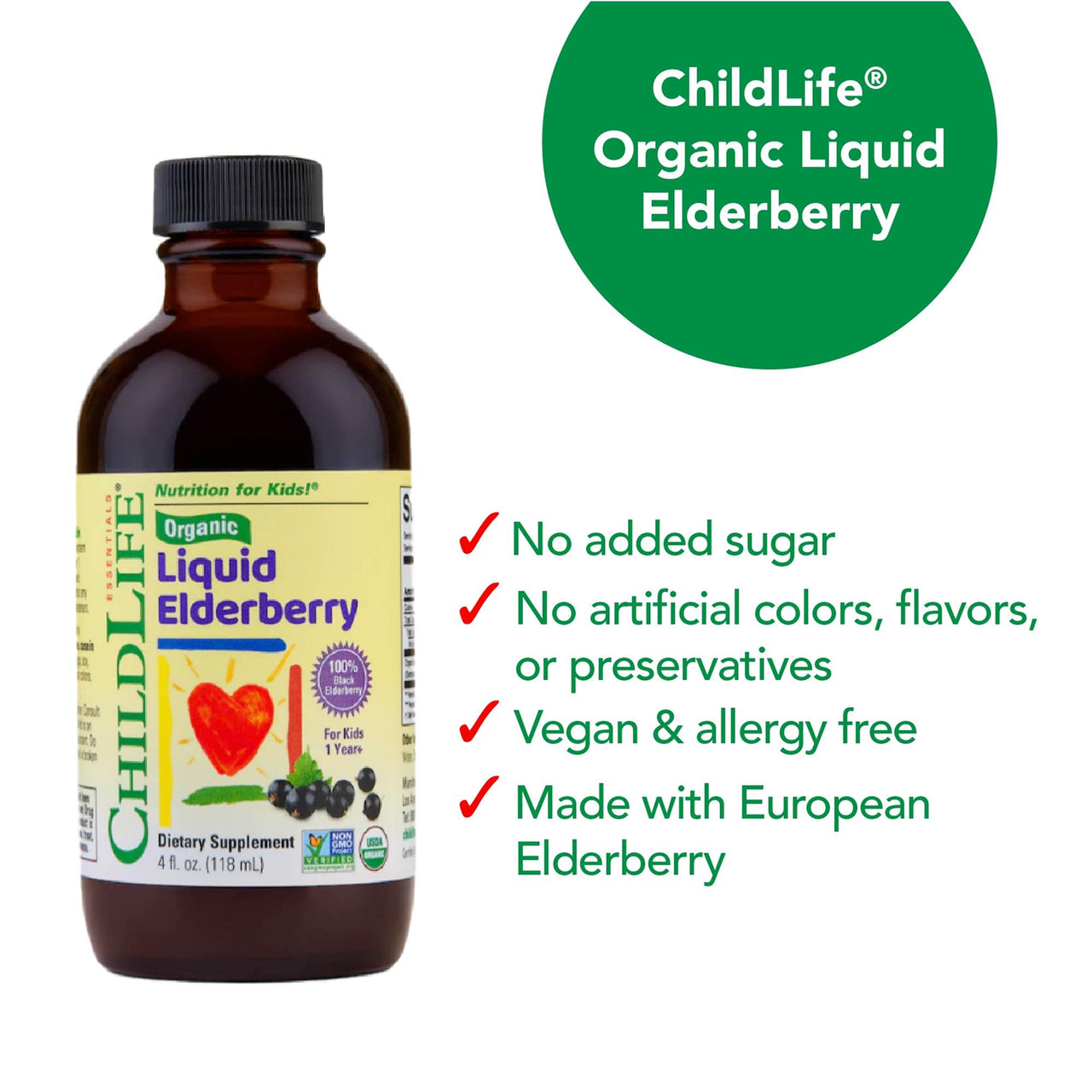 CHILDLIFE Essentials Organic Elderberry Syrup for Kids - Liquid Elderberry for Toddlers, Elderberry Extract Drops, Tincture for Babies, Toddlers, Children - 4 Fl Oz