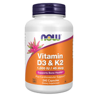 Thumbnail for Now Supplements, Vitamin D3 & K2, 1,000 IU/45 mcg, Plus Cardiovascular Support*, Supports Bone Health*, 240 Veg Capsules
