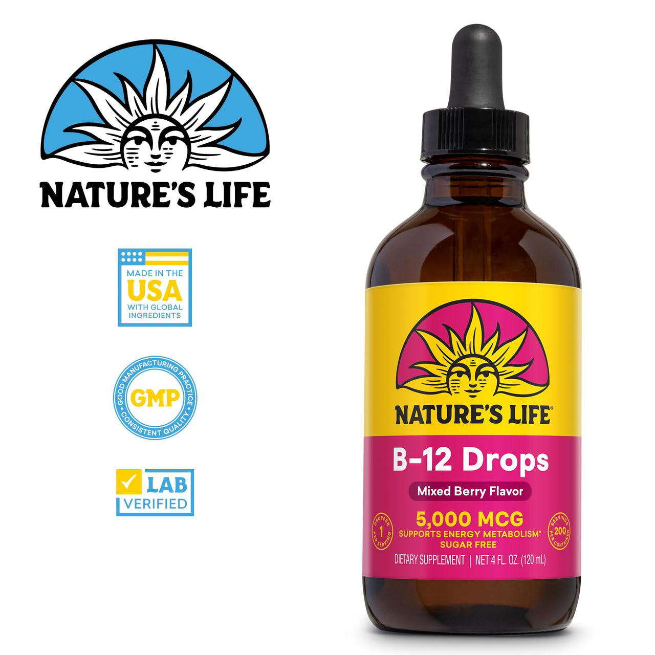 Nature's Life B12 Drops 5000 mcg - Vitamin B12 Methylcobalamin - Liquid B12 Supplement for Energy Metabolism, Nerve Function and Red Blood Cell Support Natural Mixed Berry, Sugar Free (200 Serv, 4oz)