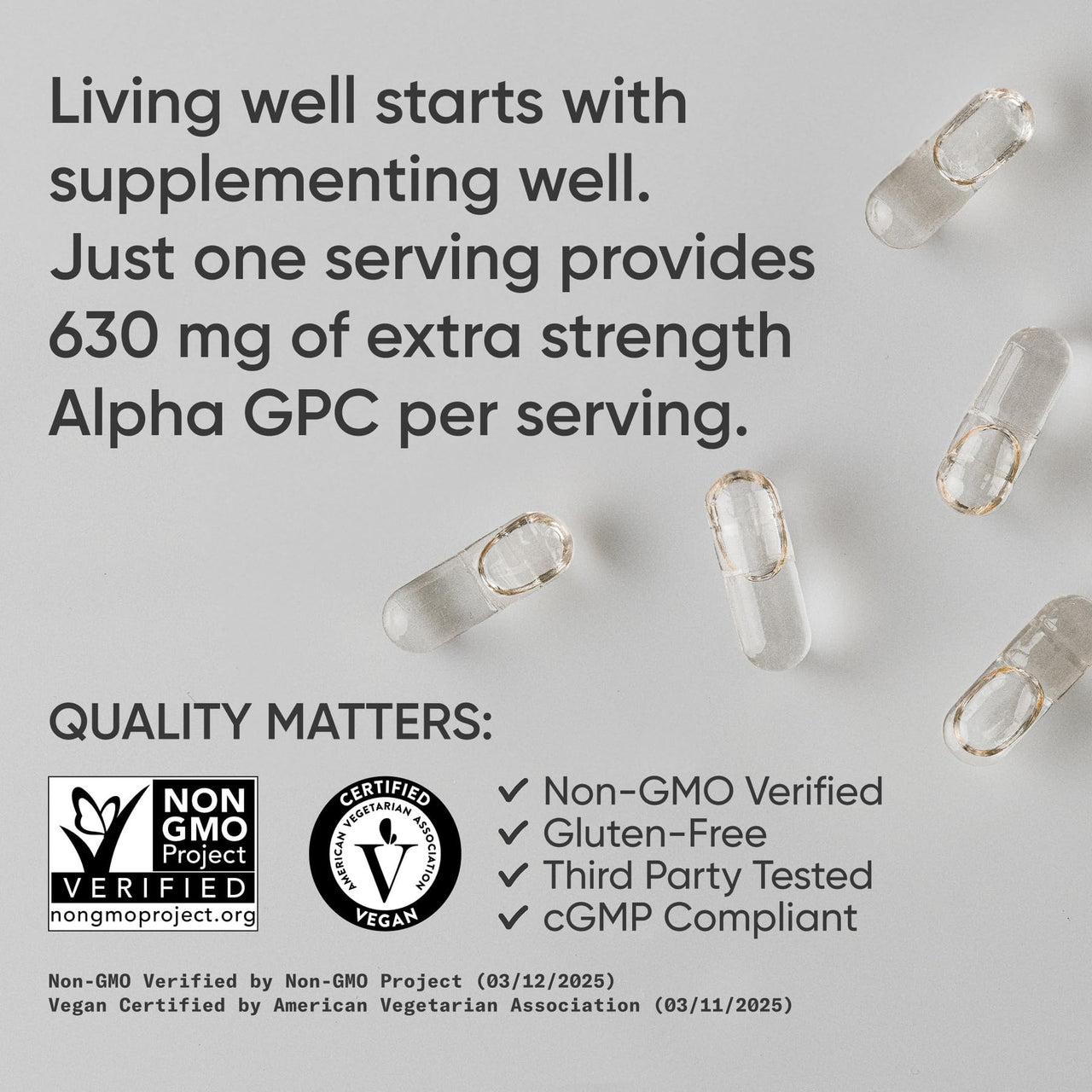 Sports Research® Alpha GPC 630mg (Extra Strength) - Bioavailable Source of Choline - Focus & Cognitive Support for Women & Men - Vegan Certified · Non-GMO · Gluten Free - 60 Liquid Capsules