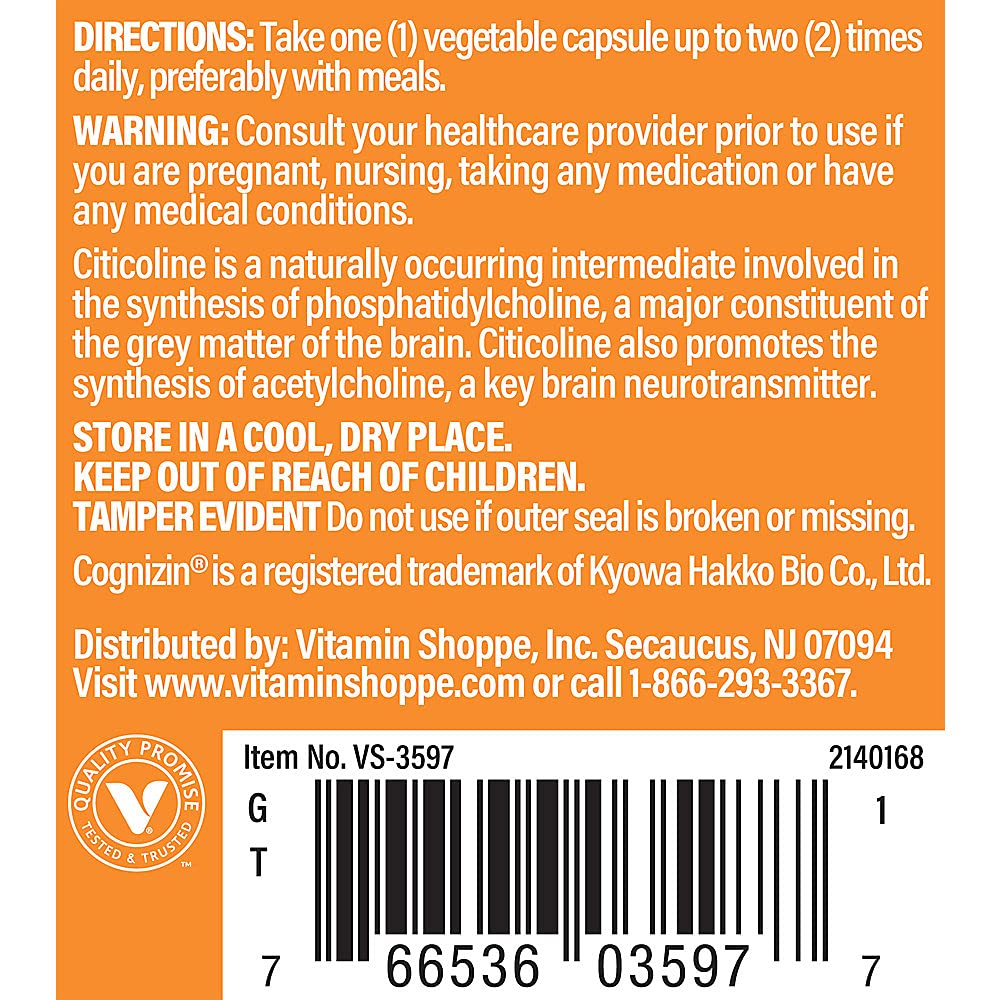 The Vitamin Shoppe Cognizin Citicoline 250MG, Cognitive Health Supplement to Support Brain and Focus (60 Veggie Capsules)