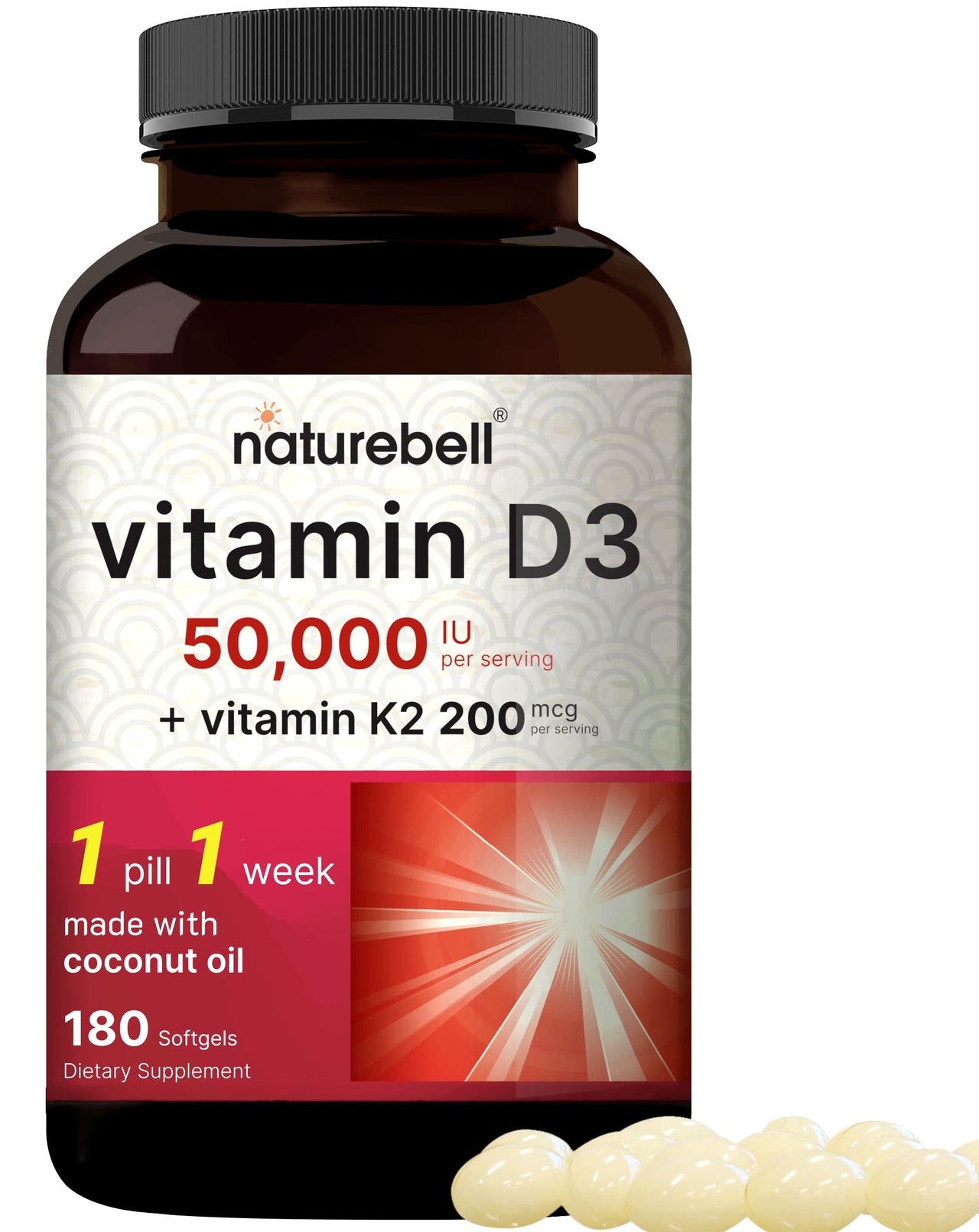 NatureBell Vitamin D3 50,000 IU with Vitamin K2-180 Softgels - High-Potency Bone & Immune Support* - Easy Absorption with Coconut Oil - Non-GMO & Gluten-Free