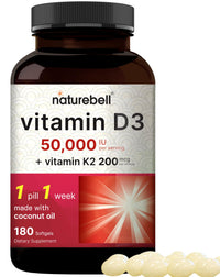 Thumbnail for NatureBell Vitamin D3 50,000 IU with Vitamin K2-180 Softgels - High-Potency Bone & Immune Support* - Easy Absorption with Coconut Oil - Non-GMO & Gluten-Free
