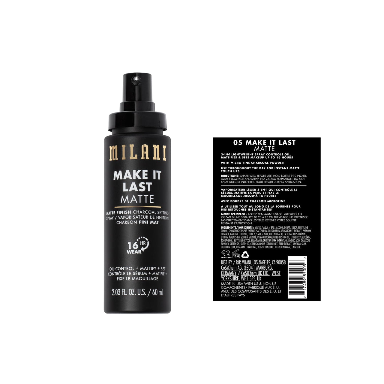 Milani Setting Spray + Primer, Make It Last Matte- Oil Absorbing Charcoal Formula to Control Shine, Matte Finish Setting Spray for Makeup and Primer for Oily Skin, Prime +Correct + Set - 2 Pack
